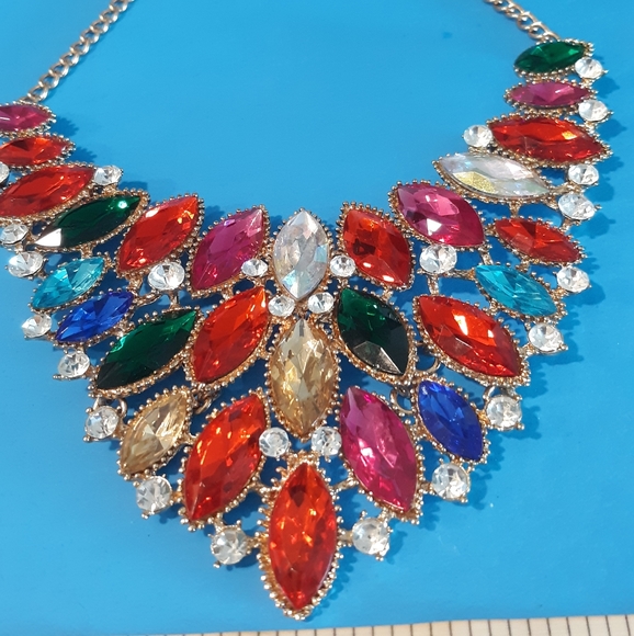 Multi-color Rhinestone Statement Bib Necklace - Picture 6 of 6